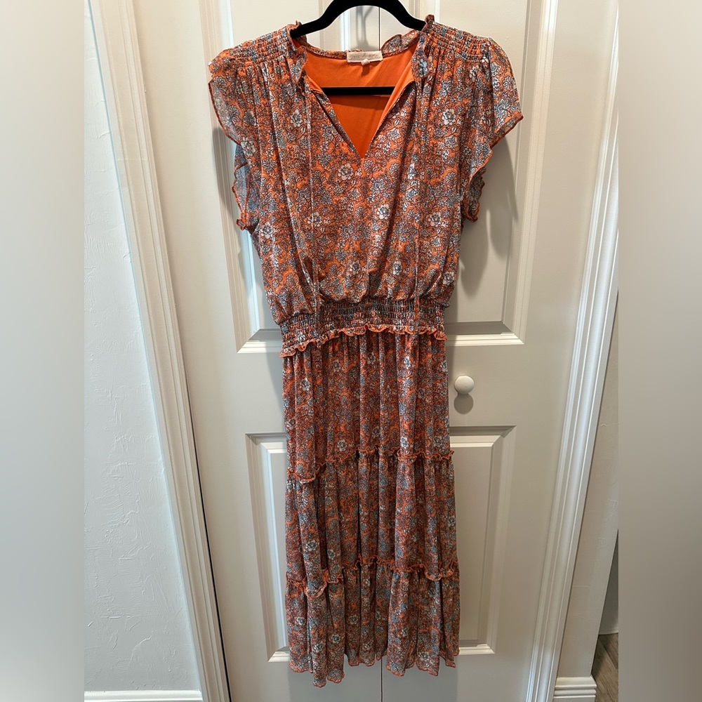 Smocked Waist Floral Maxi Dress in Orange Size Large - Picture 2 of 6